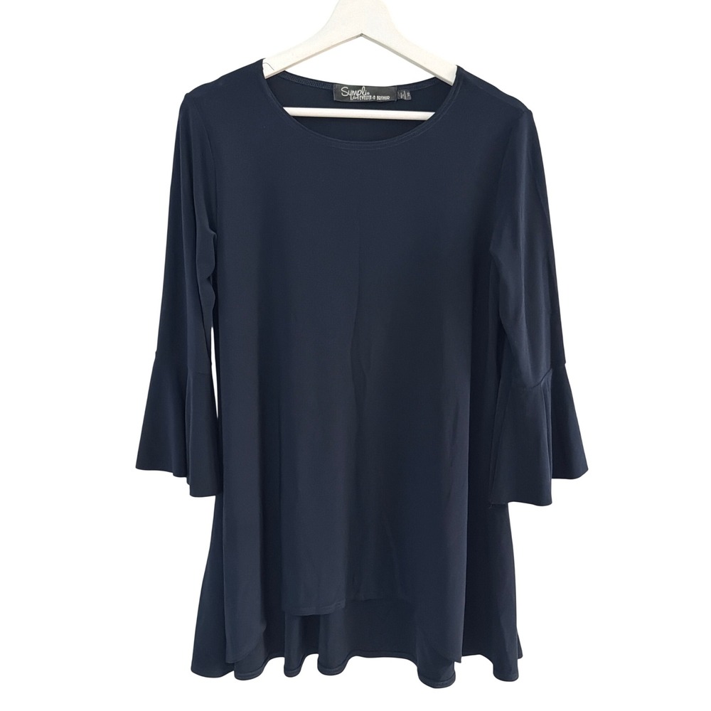 Sympli for Evelyn & Arthur Black Bell Sleeve Tunic Top Size 10 High Low Hem